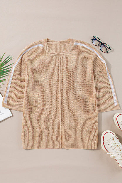 Contrast Stripe 3/4 Sleeve Crew Neck Sweater