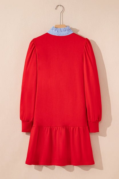 Stripe Contrast Collar Puff Sleeve Ruffle Mini Dress