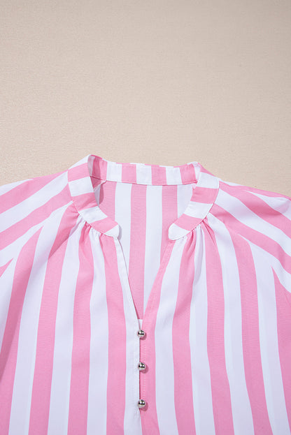 Stripe Puff Sleeve Buttoned V-Neck Blouse