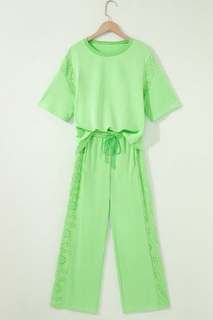 Solid Embroidered Eyelet Patchwork Top & Pants Set