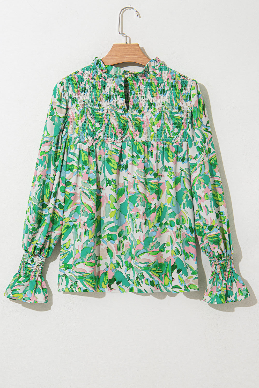Abstract Floral Flounce Sleeve Mock Neck Blouse