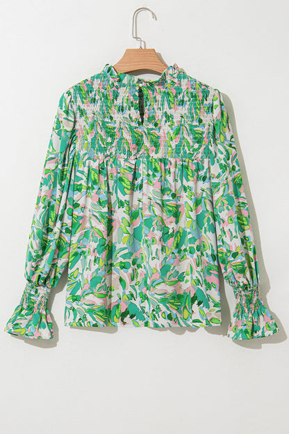 Abstract Floral Flounce Sleeve Mock Neck Blouse