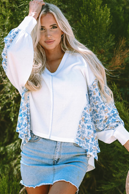 Floral Patchwork Batwing Sleeve V-Neck Blouse