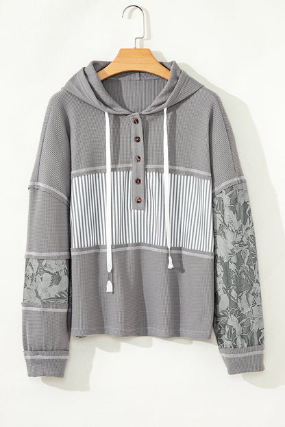 Stripe Waffle Patchwork Hooded Long Sleeve Top