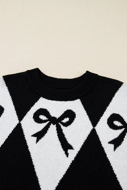 Bow Colorblock Rhombus Drop Shoulder Sweater