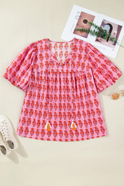 Plus Size Floral Tassel Tie Puff Sleeve Blouse