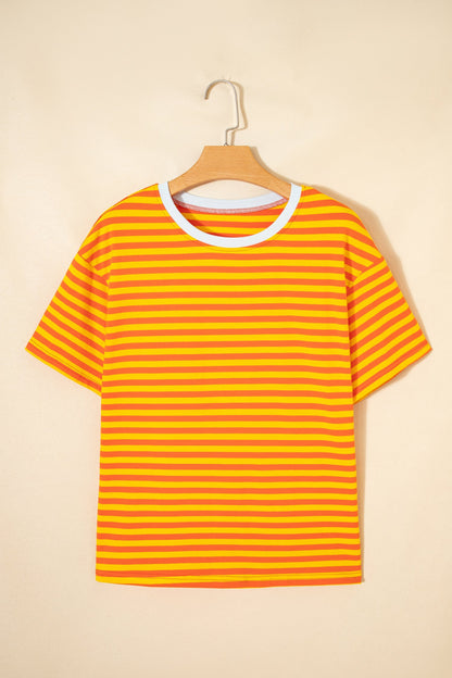 Stripe Contrast Crew Neck Drop Shoulder Tee