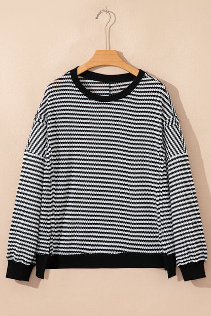 Stripe Ribbed Trim Drop Shoulder Top