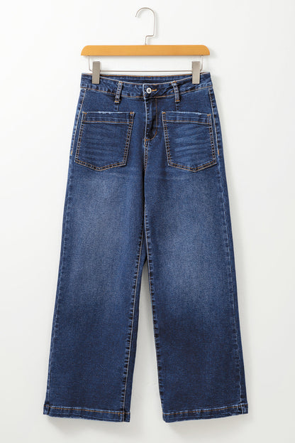 Denim High Waist Patch Pocket Straight Leg Jeans