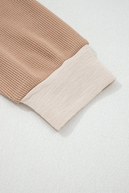 Plus Size Colorblock Waffle Long Sleeve V-Neck Top