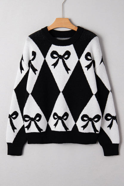 Bow Colorblock Rhombus Drop Shoulder Sweater