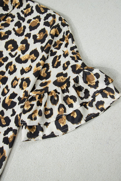 Leopard Ruffle Trim 3/4 Sleeve Buttoned Shirt
