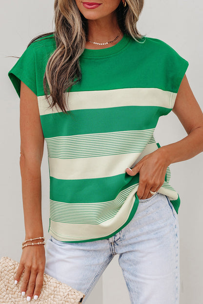 Stripe Mixed Crew Neck Cap Sleeve T-Shirt
