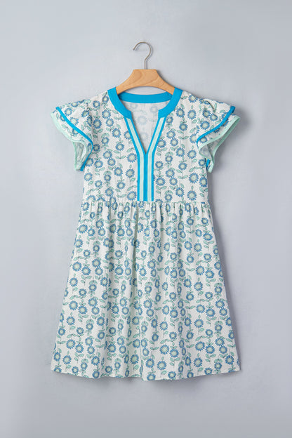 Floral Contrast Trim V-Neck Flutter Sleeve Mini Dress