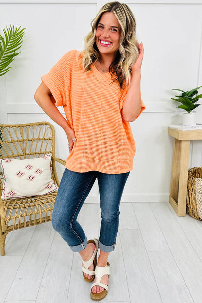 Solid Waffle Knit V-Neck Short Sleeve Top