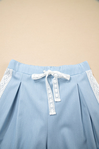 Floral Lace Patch Pocket Pleated Wide Leg Pants