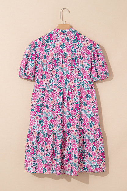Floral Buttoned Collar Short Sleeve Mini Dress