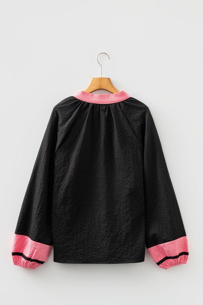 Colorblock V-Neck Textured Long Sleeve Blouse
