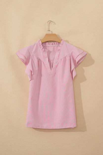 Stripe Frilled Split Neck Ruffle Sleeve Blouse