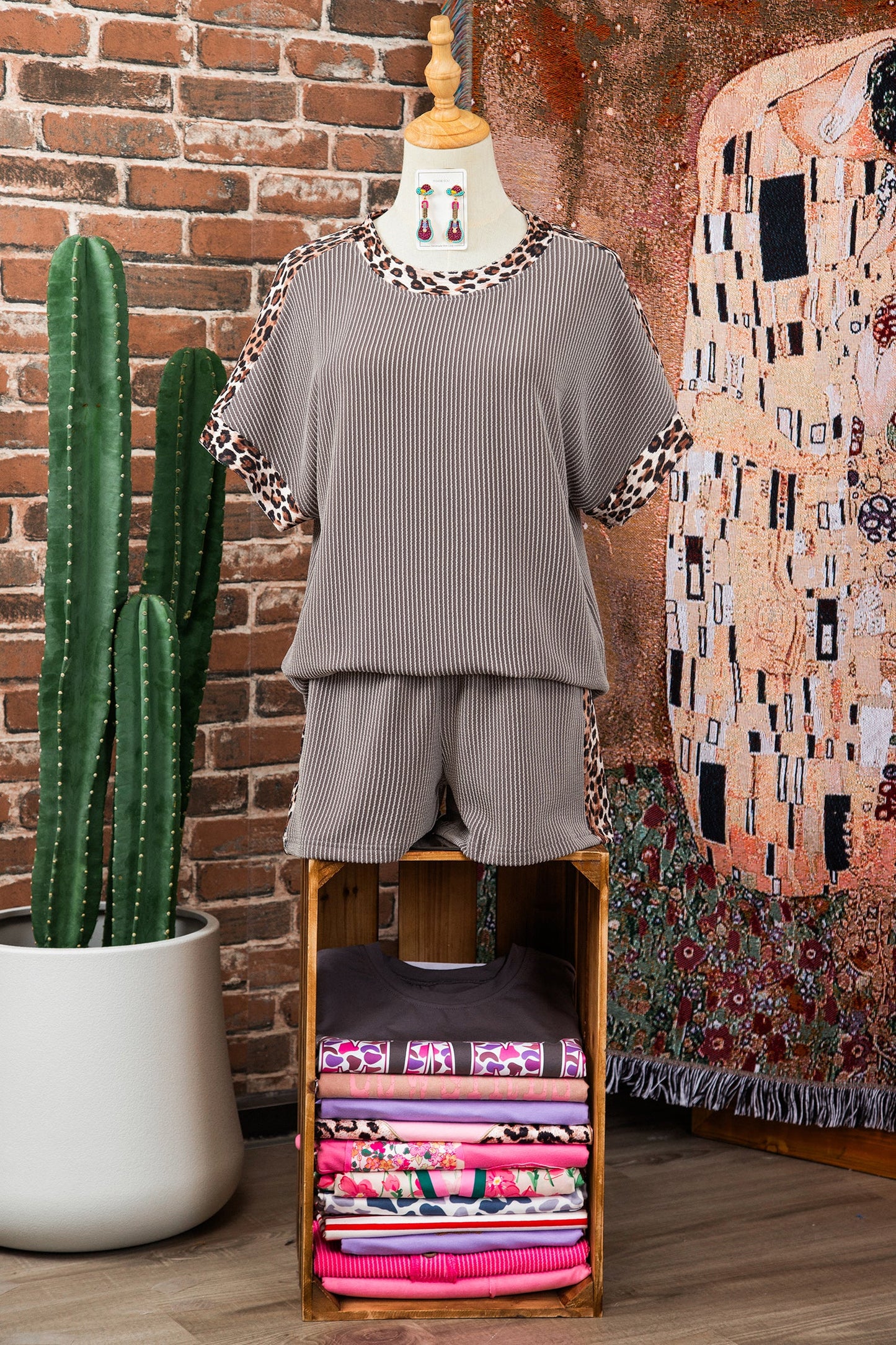 Leopard Trim Corded Top & Shorts Set