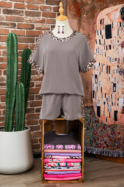 Leopard Trim Corded Top & Shorts Set