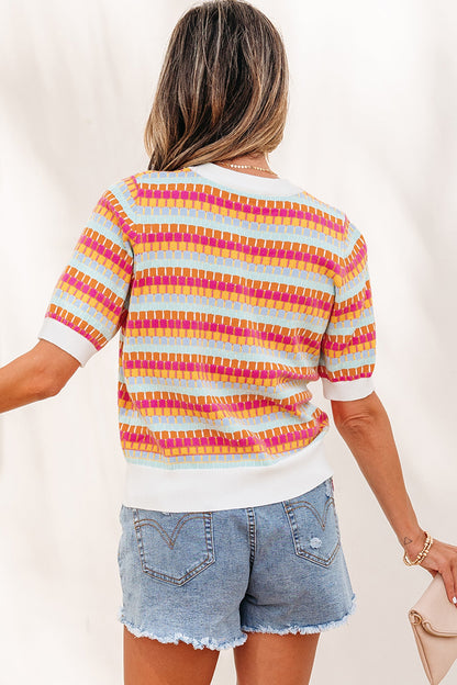 Abstract Stripe Short Sleeve Sweater Knit Top