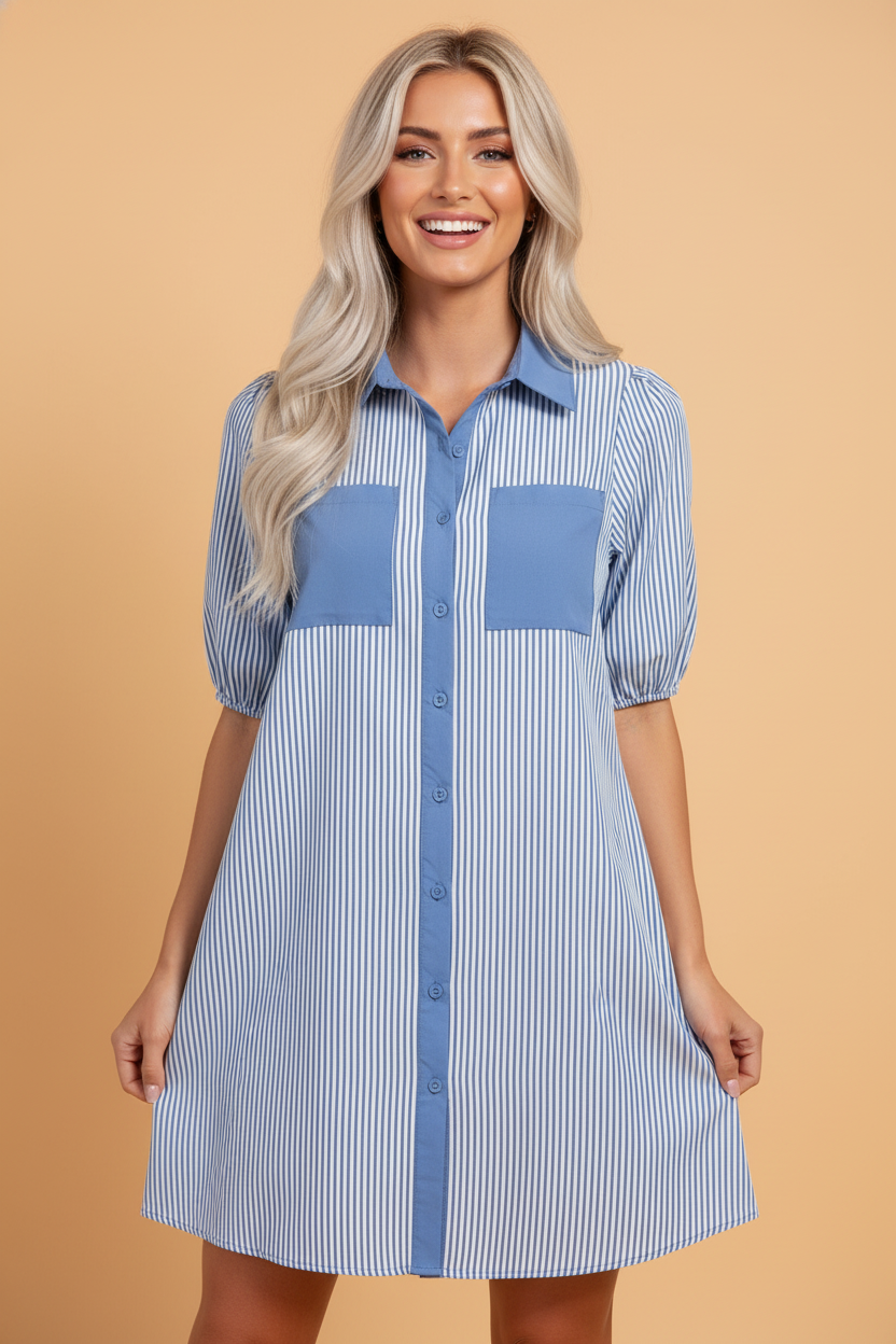 Stripe Patchwork Chest Pocket Mini Shirt Dress