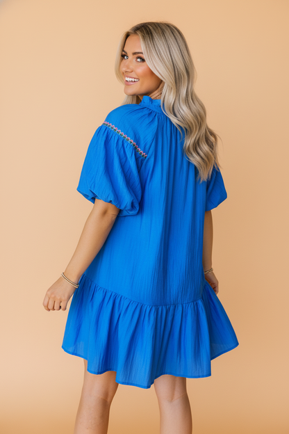 Flower Embroidered Puff Sleeve Ruffle Hem Dress