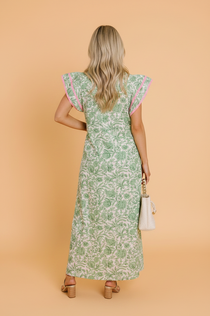 Floral Colorblock Patchwork V-Neck Midi Dress