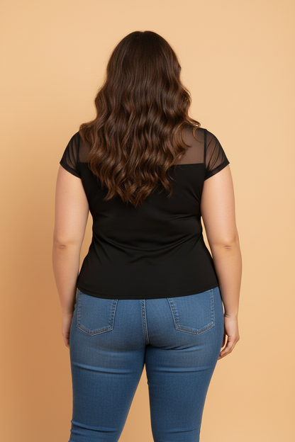 Plus Size Sheer Mesh Panel Short Sleeve Top