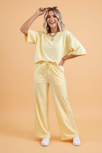 Solid Embroidered Eyelet Patchwork Top & Pants Set