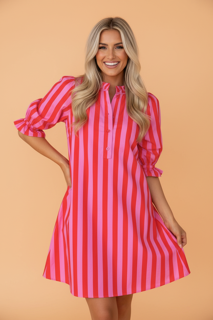 Stripe Half-Button Puff Sleeve Mini Dress