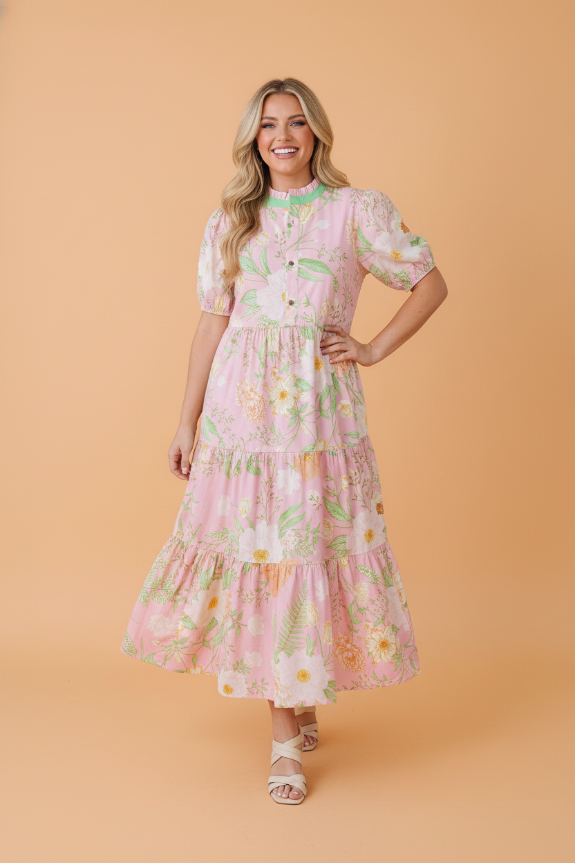 Floral Puff Sleeve Ruffle Tiered Maxi Dress