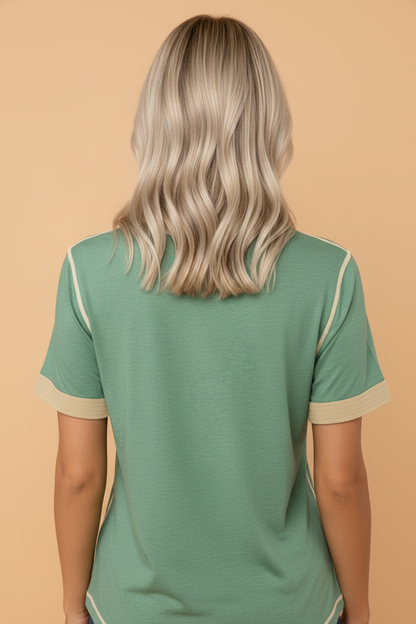 Colorblock Raw Seam Buttoned Henley Tee