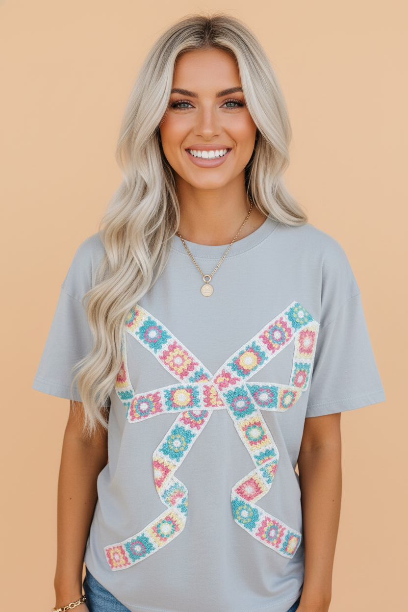 Floral Crochet Ribbon Bow Patched T-Shirt