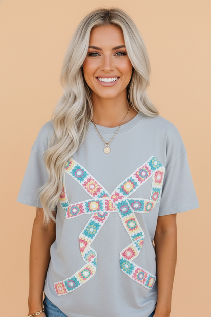 Floral Crochet Ribbon Bow Patched T-Shirt