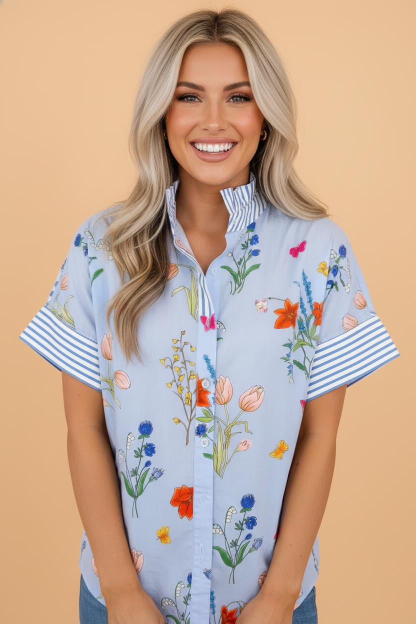 Floral Stripe Patchwork Ruffled Collar Shirt