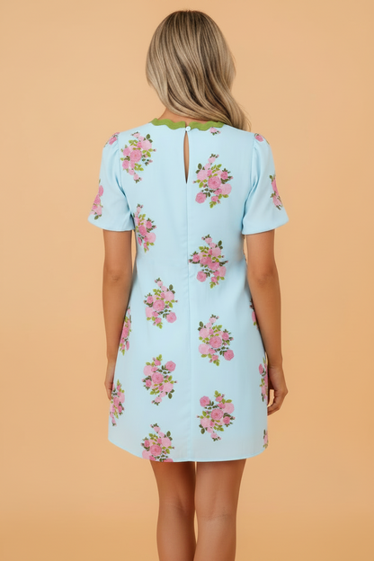 Floral Contrast Ricrac Trim Bubble Sleeve Dress