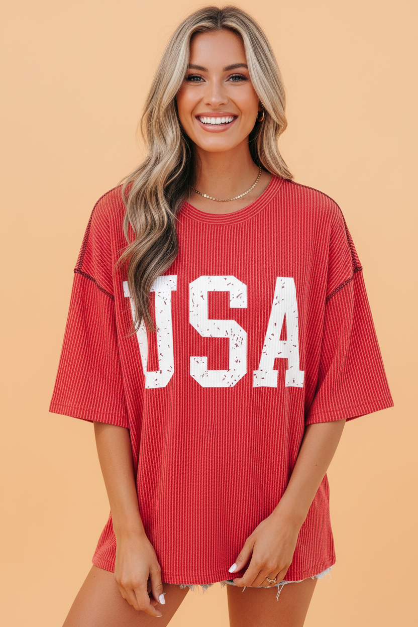 USA Corded Knit Short Sleeve Graphic Top