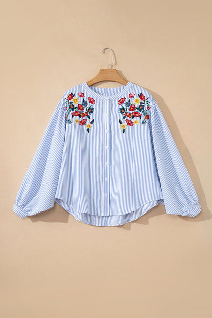 Floral Embroidered Stripe Billowy Sleeve Tunic Shirt