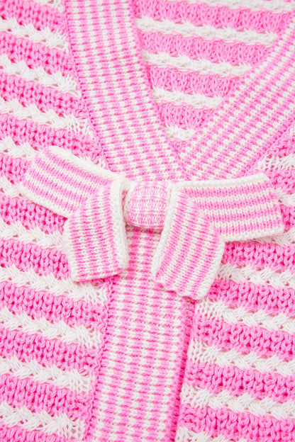 Stripe Bow Tie V-Neck Short Sleeve Sweater