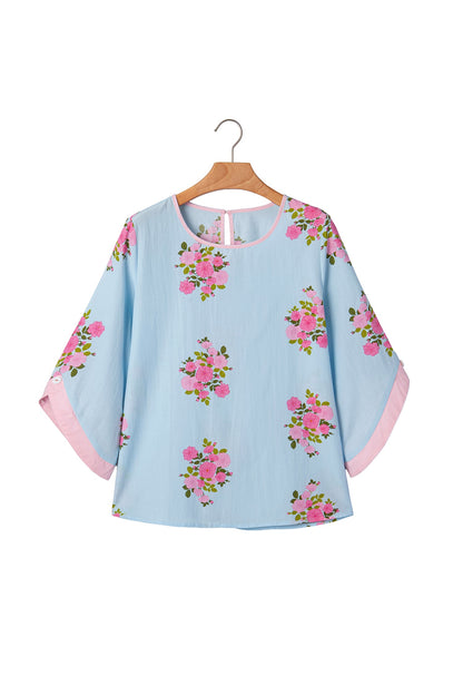 Floral Button Cuffed 3/4 Sleeve Round Neck Blouse