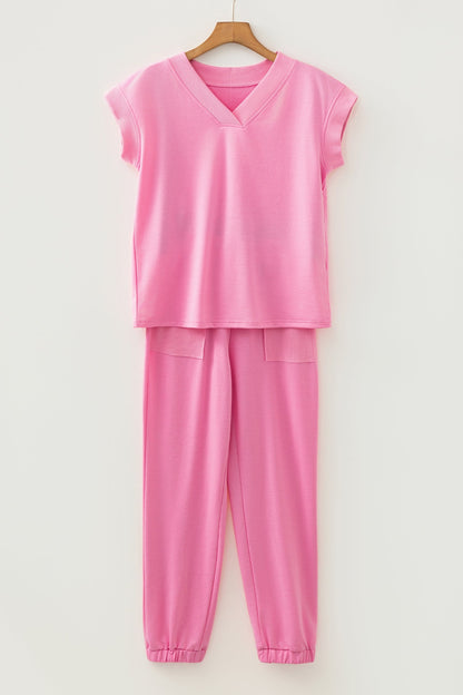 Solid V-Neck Tee & Drawstring Pants Set