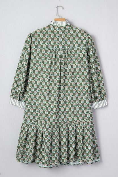 Plus Size Floral Stripe Contrast 3/4 Sleeve Dress