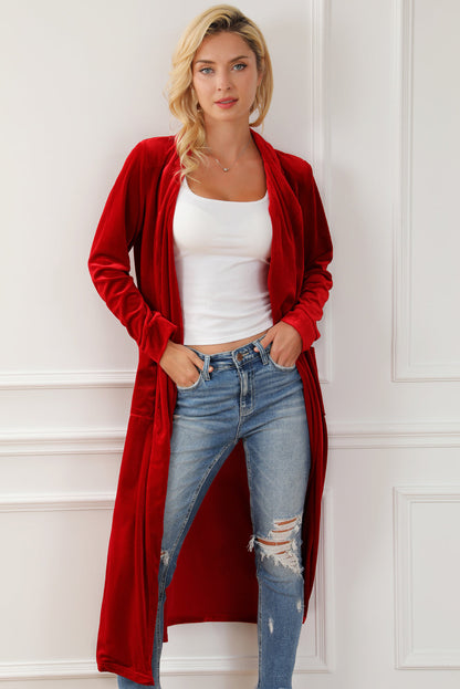 Velvet Open-Front Pocketed Cardigan