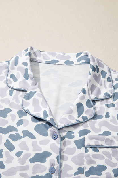 Camo Lapel Shirt & Drawstring Shorts Pajama Set