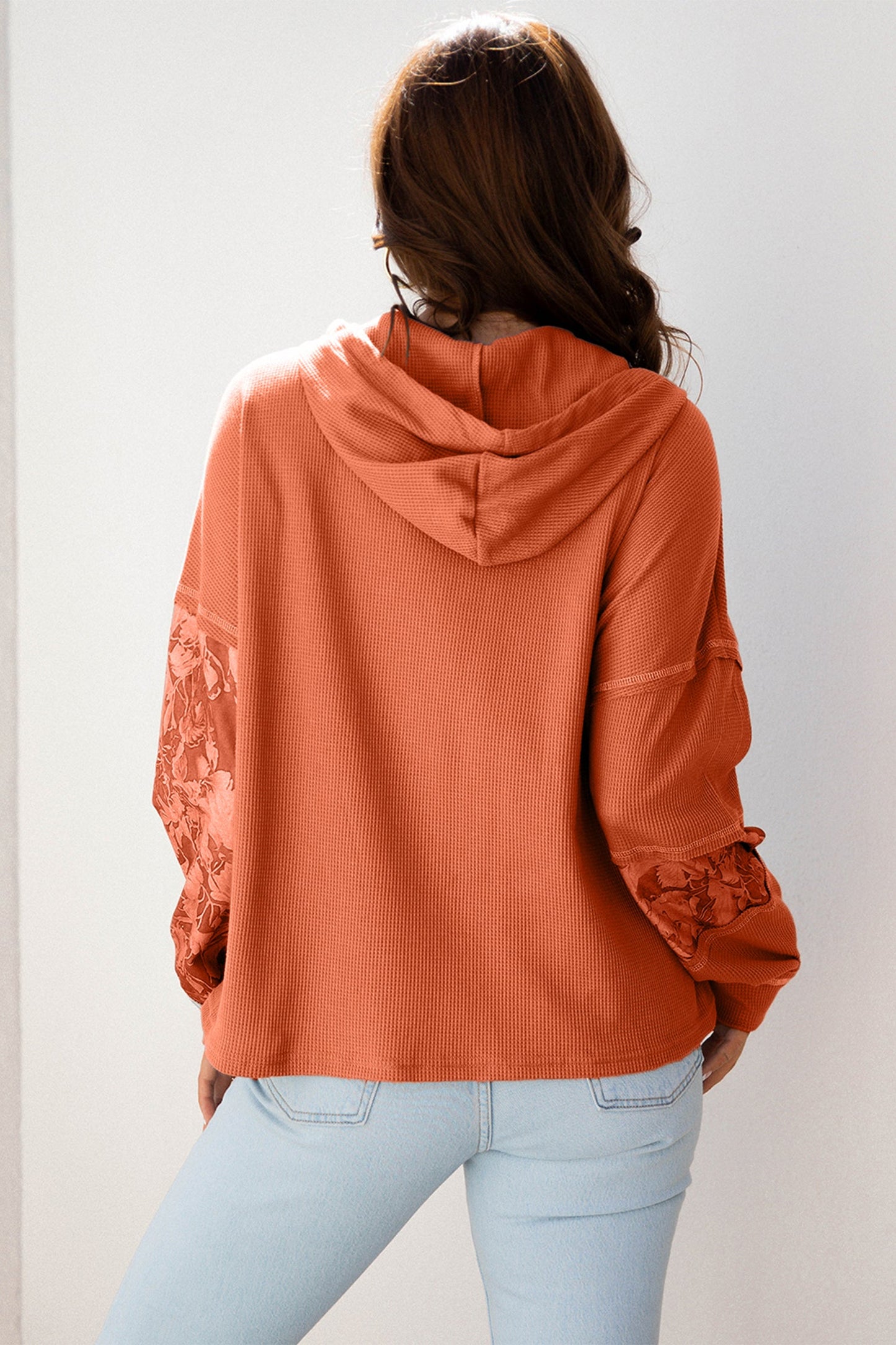 Stripe Waffle Patchwork Hooded Long Sleeve Top