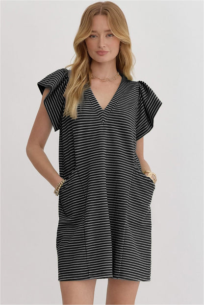 Stripe Textured Knit V-Neck Flutter Sleeve Mini Dress