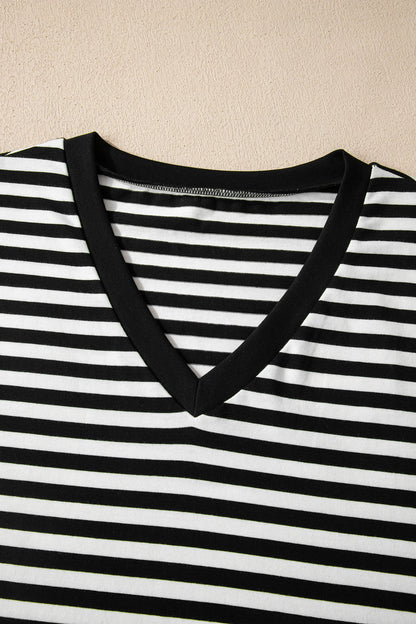 Stripe V-Neck Lace Trim Short Sleeve Tee