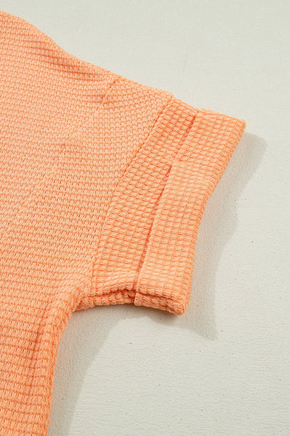 Solid Waffle Knit V-Neck Short Sleeve Top